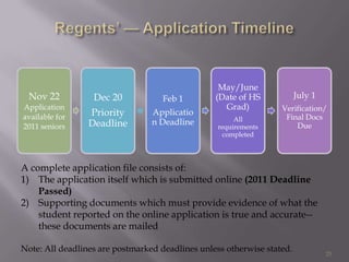 Regents’ — Application Timeline25A complete application file consists of: The application itself which is submitted online (2011 Deadline Passed)Supporting documents which must provide evidence of what the student reported on the online application is true and accurate--these documents are mailedNote: All deadlines are postmarked deadlines unless otherwise stated.