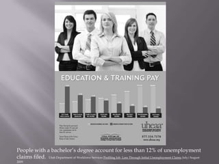 People with a bachelor’s degree account for less than 12% of unemployment claims filed.  Utah Department of Workforce Services Profiling Job  Loss Through Initial Unemployment Claims July/August 2009