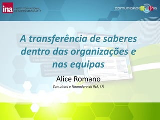 A transferência de saberes
dentro das organizações e
       nas equipas
         Alice Romano
       Consultora e Formadora do INA, I.P.
 