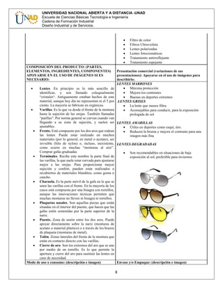 8
UNIVERSIDAD NACIONAL ABIERTA Y A DISTANCIA -UNAD
Escuela de Ciencias Básicas Tecnología e Ingeniería
Cadena de Formación Industrial
Diseño Industrial y de Servicios.
 Filtro de color
 Filtros Ultravioleta
 Lentes polarizadas
 Lentes fotocromáticas
 Tratamiento antirreflejante
 Tratamiento espejante
COMPOSICIÓN DEL PRODUCTO: (PARTES,
ELEMENTOS, INGREDIENTES, COMPONENTES)
APOYARSE EN EL USO DE IMÁGENES SI ES
NECESARIO:
Presentación comercial (variaciones de sus
presentaciones): Apoyarse en el uso de imágenes para
describirlo:
 Lentes. En principio es lo más sencillo de
identificar, y son llamado coloquialmente
“cristales“. Antiguamente estaban hechos de este
material, aunque hoy día no representan ni el 5 por
ciento. La mayoría se fabrican en orgánicas.
 Varillas. Es lo que va desde el frente de la montura
hasta la sujeción de las orejas. También llamadas
“patillas”. Por norma general se curvan cuando van
llegando a su zona de sujeción, y suelen ser
ajustables.
 Frente. Está compuesto por los dos aros que rodean
las lentes. Puede estar realizado en muchos
materiales (por lo general, en metal o acetato), ser
invisible (hilo de nylon) o, incluso, inexistente,
como ocurre en muchas “monturas al aire”.
Comprar gafas graduadas
 Terminales. Recibe este nombre la parte final de
las varillas, la que suele estar curvada para ajustarse
mejor a las orejas. Para proporcionar mayor
sujeción y confort, pueden estar realizados o
recubiertos de materiales blanditos, como goma o
caucho.
 Charnela. Es la parte móvil de la gafa en la que se
unen las varillas con el frente. En la mayoría de los
casos está compuesta por una bisagra con tornillos,
aunque las innovaciones técnicas permiten que
muchas monturas no lleven ni bisagra ni tornillos.
 Plaquetas nasales. Son aquellas piezas que están
situadas en el interior del puente, que hacen que las
gafas estén sostenidas por la parte superior de la
nariz.
 Puente. Zona de unión entre los dos aros. Puede
apoyar directamente sobre la nariz (monturas de
acetato o material plástico) o a través de los brazos
de plaqueta (monturas de metal).
 Talón. Zonas laterales del frente de la montura que
están en contacto directo con las varillas.
 Cierre de aro. Son los extremos del aro que se une
por medio de un tornillo. Es lo que permite la
apertura y cierre del aro para sustituir las lentes en
caso de necesidad.
LENTES MARRONES
 Máxima protección
 Mejora los contrastes
 Buenas en deportes extremos
LENTES GRISES
 La lente que menos filtra
 Aconsejables para conducir, para la exposición
prologada de sol
LENTES AMARILLAS
 Útiles en deportes como esquí, tiro.
 Reducen la bruma y mejora el contraste para una
imagen más fina
LENTES DEGRADADAS
 Son recomendables en situaciones de baja
exposición al sol, preferible para inviernos
Modo de uso o consumo: (descripción e imagen) Envase y/o Empaque: (descripción e imagen)
 