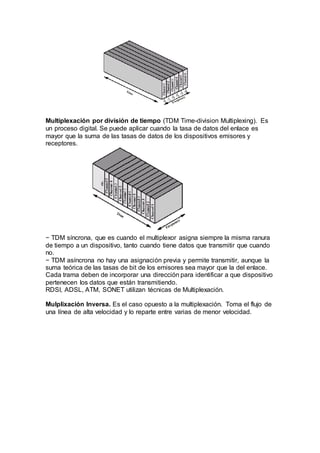 Multiplexación por división de tiempo (TDM Time-division Multiplexing). Es
un proceso digital. Se puede aplicar cuando la tasa de datos del enlace es
mayor que la suma de las tasas de datos de los dispositivos emisores y
receptores.
− TDM síncrona, que es cuando el multiplexor asigna siempre la misma ranura
de tiempo a un dispositivo, tanto cuando tiene datos que transmitir que cuando
no.
− TDM asíncrona no hay una asignación previa y permite transmitir, aunque la
suma teórica de las tasas de bit de los emisores sea mayor que la del enlace.
Cada trama deben de incorporar una dirección para identificar a que dispositivo
pertenecen los datos que están transmitiendo.
RDSI, ADSL, ATM, SONET utilizan técnicas de Multiplexación.
Mulplixación Inversa. Es el caso opuesto a la multiplexación. Toma el flujo de
una línea de alta velocidad y lo reparte entre varias de menor velocidad.
 