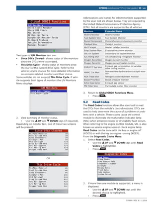 579999 | REV. A | 11.2016
CP9695 AutoScanner® Pro | User guide | 25 | en
Global OBDII Functions
I/M Monitors
Drive Cycle Monitor
State OBD Check
MIL Status
O2 Monitor Tests
Diagnostic Monitor Tests
On-Board Systems
Vehicle Information
Modules Present
Two types of I/M Monitors test are:
•	 Since DTCs Cleared - shows status of the monitors
since the DTCs were last erased.
•	 This Drive Cycle - shows status of monitors since
the start of the current drive cycle. Refer to the
vehicle service manual for more detailed information
on emission-related monitors and their status.
Some vehicles do not support This Drive Cycle. If vehi-
cle supports both types of monitors the I/M Monitors
Menu displays.
I/M Monitors
Since DTCs Cleared
This Drive Cycle
2.	 View summary of monitor status.
•	 Use the UP and DOWN keys (if required).
Depending on monitor test, one of these two screens
will be present.
Since DTCs Cleared
Misfire Monitor
Fuel System Mon
Comp Component
Catalyst Mon
Htd Catalyst
Evap System Mon
Sec Air System
A/C Refrig Mon
Oxygen Sens Mon
ok
ok
ok
ok
n/a
inc
n/a
n/a
ok
OR
This Drive Cycle
Misfire Monitor
Fuel System Mon
Comp Component
Catalyst Mon
ok
ok
ok
inc
Htd Catalyst
Evap System Mon
Sec Air System
n/a
dis
n/a
A/C Refrig Mon n/a
Oxygen Sens Mon inc
Abbreviations and names for OBDII monitors supported
by the scan tool are shown below. They are required by
the United States Environmental Protection Agency
(EPA). Not all monitors are supported by all vehicles.
Monitors Expanded Name
Misfire Monitor Misfire monitor
Fuel System Mon Fuel System Monitor
Comp Component Comprehensive components monitor
Catalyst Mon Catalyst monitor
Htd Catalyst Heated catalyst monitor
Evap System Mon Evaporative system monitor
Sec Air System Secondary air system monitor
A/C Refrig Mon Air conditioning refrigerant monitor
Oxygen Sens Mon Oxygen sensor monitor
Oxygen Sens Htr Oxygen sensor heater monitor
EGR/VVT Sys Mon
Exhaust gas recirculation or variable
valve timing monitor
NMHC Cat Mon
Non-methane hydrocarbon catalyst mon-
itor
NOX Treat Mon Nitrogen oxide treatment monitor
Boost Pres Mon Boost pressure monitor
Exhst Gas Sensr Exhaust gas sensor
PM Filter Mon Particulate matter filter monitor
3.	 Return to Global OBDII Functions Menu.
•	 Press .
5.2	 Read Codes
The Read Codes function allows the scan tool to read
the DTCs from the vehicle’s control modules. DTCs are
used to help determine the cause of a problem or prob-
lems with a vehicle. These codes cause the control
module to illuminate the malfunction indicator lamp
(MIL) when emission-related or driveability fault occurs.
When referring to the engine control module, MIL is also
known as service engine soon or check engine lamp.
Read Codes can be done with the key on engine off
(KOEO) or with the key on engine running (KOER).
From the Diagnostic Codes Menu:
1.	 Select Read Codes.
•	 Use the UP and DOWN keys until Read
Codes is highlighted.
•	 Press .
Diagnostic Codes
Read Codes
Erase Codes
View Freeze Data
Component Locator
Acronyms
Review Data
Print Data
Code Lookup
System Setup
2.	 If more than one module is supported, a menu is
displayed.
•	 Use the UP and DOWN keys until the
desired choice is highlighted.
•	 Press .
 