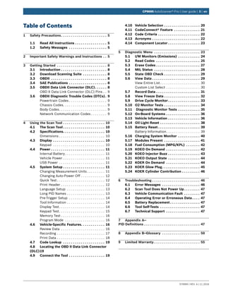 579999 | REV. A | 11.2016
CP9695 AutoScanner® Pro | User guide | 3 | en
Table of Contents
1	 Safety Precautions. .  .  .  .  .  .  .  .  .  .  .  .  .  .  .  .  .  .  .  .  .  .  . 5
1.1	 Read All Instructions.  .  .  .  .  .  .  .  .  .  .  .  .  .  .  .  . 5
1.2	 Safety Messages .  .  .  .  .  .  .  .  .  .  .  .  .  .  .  .  .  .  .  . 5
2	 Important Safety Warnings and Instructions.  .  . 5
3	 Getting Started .  .  .  .  .  .  .  .  .  .  .  .  .  .  .  .  .  .  .  .  .  .  .  .  .  . 8
3.1	Introduction.  .  .  .  .  .  .  .  .  .  .  .  .  .  .  .  .  .  .  .  .  .  .  . 8
3.2	 Download Scanning Suite .  .  .  .  .  .  .  .  .  .  .  .  . 8
3.3	OBDII .  .  .  .  .  .  .  .  .  .  .  .  .  .  .  .  .  .  .  .  .  .  .  .  .  .  .  .  . 8
3.4	 SAE Publications.  .  .  .  .  .  .  .  .  .  .  .  .  .  .  .  .  .  .  . 8
3.5	 OBDII Data Link Connector (DLC). .  .  .  .  .  . 8
OBD II Data Link Connector (DLC) Pins. . . 9
3.6	 OBDII Diagnostic Trouble Codes (DTCs). . 9
Powertrain Codes. . . . . . . . . . . . . . . . . . . . 9
Chassis Codes. . . . . . . . . . . . . . . . . . . . . . . 9
Body Codes. . . . . . . . . . . . . . . . . . . . . . . . . 9
Network Communication Codes. . . . . . . . . 9
4	 Using the Scan Tool.  .  .  .  .  .  .  .  .  .  .  .  .  .  .  .  .  .  .  .  .  . 10
4.1	 The Scan Tool.  .  .  .  .  .  .  .  .  .  .  .  .  .  .  .  .  .  .  .  .  . 10
4.2	Specifications. .  .  .  .  .  .  .  .  .  .  .  .  .  .  .  .  .  .  .  .  . 10
Dimensions. . . . . . . . . . . . . . . . . . . . . . . . 10
4.3	Display.  .  .  .  .  .  .  .  .  .  .  .  .  .  .  .  .  .  .  .  .  .  .  .  .  .  . 10
Keypad . . . . . . . . . . . . . . . . . . . . . . . . . . . 10
4.4	Power.  .  .  .  .  .  .  .  .  .  .  .  .  .  .  .  .  .  .  .  .  .  .  .  .  .  .  . 11
Internal Battery. . . . . . . . . . . . . . . . . . . . . 11
Vehicle Power. . . . . . . . . . . . . . . . . . . . . . 11
USB Power . . . . . . . . . . . . . . . . . . . . . . . . 11
4.5	 System Setup.  .  .  .  .  .  .  .  .  .  .  .  .  .  .  .  .  .  .  .  .  . 11
Changing Measurement Units. . . . . . . . . . 11
Changing Auto-Power Off. . . . . . . . . . . . . 12
Quick Test. . . . . . . . . . . . . . . . . . . . . . . . . 12
Print Header. . . . . . . . . . . . . . . . . . . . . . . 12
Language Setup . . . . . . . . . . . . . . . . . . . . 13
Long PID Names. . . . . . . . . . . . . . . . . . . . 13
Pre-Trigger Setup . . . . . . . . . . . . . . . . . . . 14
Tool Information. . . . . . . . . . . . . . . . . . . . 14
Display Test. . . . . . . . . . . . . . . . . . . . . . . . 14
Keypad Test. . . . . . . . . . . . . . . . . . . . . . . . 15
Memory Test. . . . . . . . . . . . . . . . . . . . . . . 16
Program Mode . . . . . . . . . . . . . . . . . . . . . 16
4.6	 Vehicle-Specific Features. .  .  .  .  .  .  .  .  .  .  .  . 16
Review Data . . . . . . . . . . . . . . . . . . . . . . . 16
Recording. . . . . . . . . . . . . . . . . . . . . . . . . 17
Print Data. . . . . . . . . . . . . . . . . . . . . . . . . 18
4.7	 Code Lookup .  .  .  .  .  .  .  .  .  .  .  .  .  .  .  .  .  .  .  .  .  . 19
4.8	 Locating the OBD II Data Link Connector
(DLC)	19
4.9	 Connect the Tool.  .  .  .  .  .  .  .  .  .  .  .  .  .  .  .  .  .  . 19
4.10	 Vehicle Selection.  .  .  .  .  .  .  .  .  .  .  .  .  .  .  .  .  .  . 20
4.11	 CodeConnect® Feature .  .  .  .  .  .  .  .  .  .  .  .  .  . 21
4.12	 Code Criteria.  .  .  .  .  .  .  .  .  .  .  .  .  .  .  .  .  .  .  .  .  . 22
4.13	Acronyms.  .  .  .  .  .  .  .  .  .  .  .  .  .  .  .  .  .  .  .  .  .  .  .  . 22
4.14	 Component Locator.  .  .  .  .  .  .  .  .  .  .  .  .  .  .  .  . 23
5	 Diagnostic Menu .  .  .  .  .  .  .  .  .  .  .  .  .  .  .  .  .  .  .  .  .  .  .  . 23
5.1	 I/M Monitors (Emissions) .  .  .  .  .  .  .  .  .  .  .  . 24
5.2	 Read Codes .  .  .  .  .  .  .  .  .  .  .  .  .  .  .  .  .  .  .  .  .  .  . 25
5.3	 Erase Codes.  .  .  .  .  .  .  .  .  .  .  .  .  .  .  .  .  .  .  .  .  .  . 27
5.4	 MIL Status .  .  .  .  .  .  .  .  .  .  .  .  .  .  .  .  .  .  .  .  .  .  .  . 28
5.5	 State OBD Check.  .  .  .  .  .  .  .  .  .  .  .  .  .  .  .  .  .  . 29
5.6	 View Data.  .  .  .  .  .  .  .  .  .  .  .  .  .  .  .  .  .  .  .  .  .  .  .  . 29
View Entire List. . . . . . . . . . . . . . . . . . . . . 30
Custom List Select. . . . . . . . . . . . . . . . . . 30
5.7	 Record Data.  .  .  .  .  .  .  .  .  .  .  .  .  .  .  .  .  .  .  .  .  .  . 31
5.8	 View Freeze Data.  .  .  .  .  .  .  .  .  .  .  .  .  .  .  .  .  .  . 32
5.9	 Drive Cycle Monitor.  .  .  .  .  .  .  .  .  .  .  .  .  .  .  .  . 33
5.10	 O2 Monitor Tests.  .  .  .  .  .  .  .  .  .  .  .  .  .  .  .  .  .  . 34
5.11	 Diagnostic Monitor Tests.  .  .  .  .  .  .  .  .  .  .  . 35
5.12	 On-Board Systems.  .  .  .  .  .  .  .  .  .  .  .  .  .  .  .  .  . 36
5.13	 Vehicle Information.  .  .  .  .  .  .  .  .  .  .  .  .  .  .  .  . 36
5.14	 Oil Light Reset.  .  .  .  .  .  .  .  .  .  .  .  .  .  .  .  .  .  .  .  . 38
5.15	 Battery Reset.  .  .  .  .  .  .  .  .  .  .  .  .  .  .  .  .  .  .  .  .  . 39
Battery Information. . . . . . . . . . . . . . . . . . 39
5.16	 Charging System Monitor .  .  .  .  .  .  .  .  .  .  .  . 40
5.17	 Modules Present .  .  .  .  .  .  .  .  .  .  .  .  .  .  .  .  .  .  . 41
5.18	 Fuel Consumption (MPG/KPL) .  .  .  .  .  .  .  . 42
5.19	 KOEO On Demand .  .  .  .  .  .  .  .  .  .  .  .  .  .  .  .  .  . 42
5.20	 KOEO Injector Buzz.  .  .  .  .  .  .  .  .  .  .  .  .  .  .  .  . 43
5.21	 KOEO Output State .  .  .  .  .  .  .  .  .  .  .  .  .  .  .  .  . 44
5.22	 KOER On Demand .  .  .  .  .  .  .  .  .  .  .  .  .  .  .  .  .  . 44
5.23	 KOER Glow Plug. .  .  .  .  .  .  .  .  .  .  .  .  .  .  .  .  .  .  . 45
5.24	 KOER Cylinder Contribution.  .  .  .  .  .  .  .  .  . 46
6	Troubleshooting.  .  .  .  .  .  .  .  .  .  .  .  .  .  .  .  .  .  .  .  .  .  .  .  . 46
6.1	 Error Messages .  .  .  .  .  .  .  .  .  .  .  .  .  .  .  .  .  .  .  . 46
6.2	 Scan Tool Does Not Power Up.  .  .  .  .  .  .  .  . 47
6.3	 Vehicle Communication Fault .  .  .  .  .  .  .  .  . 47
6.4	 Operating Error or Erroneous Data.  .  .  .  . 47
6.5	 Battery Replacement.  .  .  .  .  .  .  .  .  .  .  .  .  .  .  . 47
6.6	 Tool Self-Tests .  .  .  .  .  .  .  .  .  .  .  .  .  .  .  .  .  .  .  .  . 47
6.7	 Technical Support .  .  .  .  .  .  .  .  .  .  .  .  .  .  .  .  .  . 47
7	 Appendix A—
PID Definitions.  .  .  .  .  .  .  .  .  .  .  .  .  .  .  .  .  .  .  .  .  .  .  .  .  .  .  .  . 47
8	 Appendix B—Glossary .  .  .  .  .  .  .  .  .  .  .  .  .  .  .  .  .  .  .  . 50
9	 Limited Warranty.  .  .  .  .  .  .  .  .  .  .  .  .  .  .  .  .  .  .  .  .  .  .  . 55
 