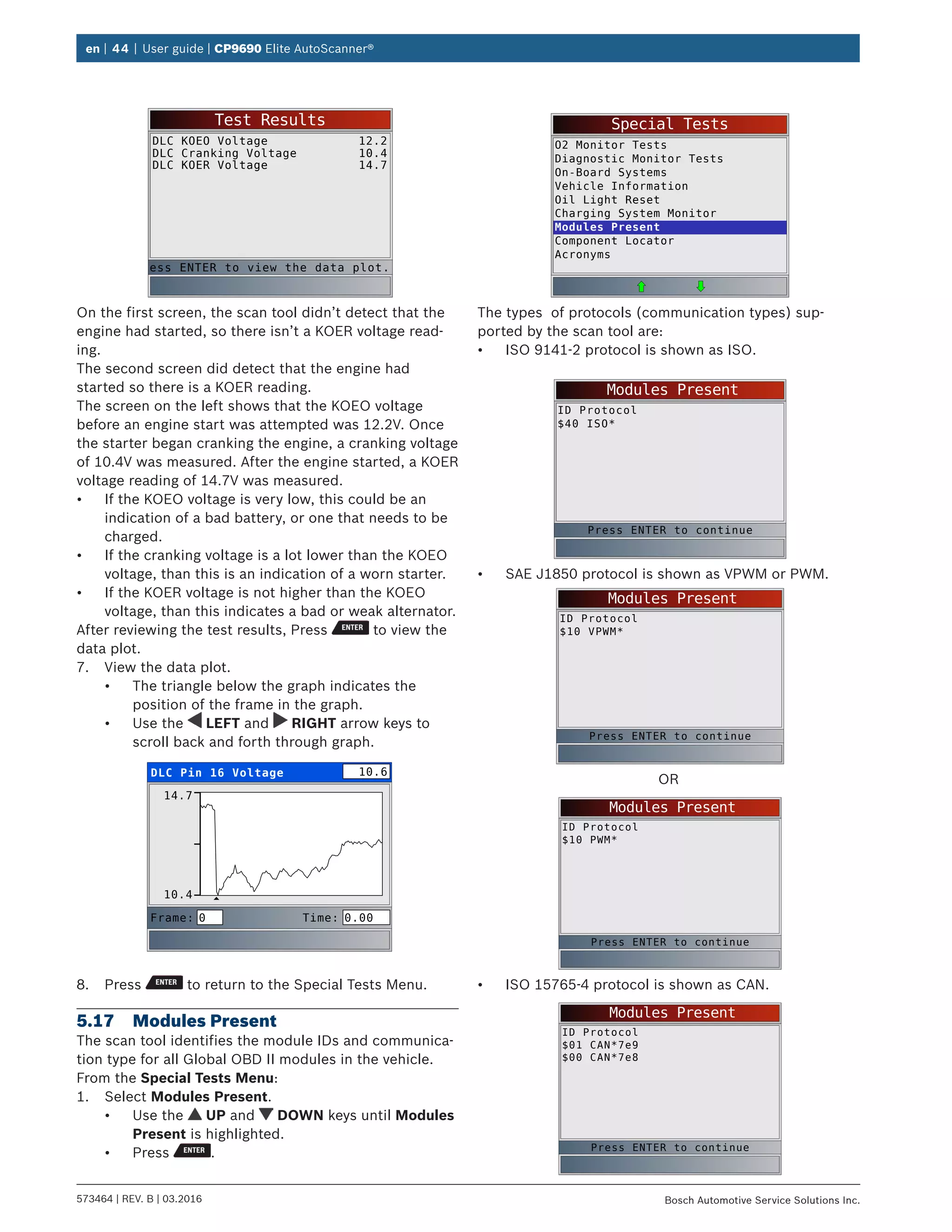 en | 44 | User guide | CP9690 Elite AutoScanner®
573464 | REV. B | 03.2016 Bosch Automotive Service Solutions Inc.
Test Results
DLC KOEO Voltage
DLC Cranking Voltage
DLC KOER Voltage
12.2
10.4
14.7
ess ENTER to view the data plot.
On the first screen, the scan tool didn’t detect that the
engine had started, so there isn’t a KOER voltage read-
ing.
The second screen did detect that the engine had
started so there is a KOER reading.
The screen on the left shows that the KOEO voltage
before an engine start was attempted was 12.2V. Once
the starter began cranking the engine, a cranking voltage
of 10.4V was measured. After the engine started, a KOER
voltage reading of 14.7V was measured.
•	 If the KOEO voltage is very low, this could be an
indication of a bad battery, or one that needs to be
charged.
•	 If the cranking voltage is a lot lower than the KOEO
voltage, than this is an indication of a worn starter.
•	 If the KOER voltage is not higher than the KOEO
voltage, than this indicates a bad or weak alternator.
After reviewing the test results, Press to view the
data plot.
7.	 View the data plot.
•	 The triangle below the graph indicates the
position of the frame in the graph.
•	 Use the LEFT and RIGHT arrow keys to
scroll back and forth through graph.
DLC Pin 16 Voltage
14.7
10.4
Frame: Time:0 0.00
10.6
8.	 Press to return to the Special Tests Menu.
5.17	 Modules Present
The scan tool identifies the module IDs and communica-
tion type for all Global OBD II modules in the vehicle.
From the Special Tests Menu:
1.	 Select Modules Present.
•	 Use the UP and DOWN keys until Modules
Present is highlighted.
•	 Press .
Special Tests
O2 Monitor Tests
Diagnostic Monitor Tests
On-Board Systems
Vehicle Information
Oil Light Reset
Charging System Monitor
Modules Present
Component Locator
Acronyms
The types of protocols (communication types) sup-
ported by the scan tool are:
•	 ISO 9141-2 protocol is shown as ISO.
Modules Present
ID Protocol
$40 ISO*
Press ENTER to continue
•	 SAE J1850 protocol is shown as VPWM or PWM.
Modules Present
ID Protocol
$10 VPWM*
Press ENTER to continue
OR
Modules Present
ID Protocol
$10 PWM*
Press ENTER to continue
•	 ISO 15765-4 protocol is shown as CAN.
Modules Present
ID Protocol
$01 CAN*7e9
$00 CAN*7e8
Press ENTER to continue
 