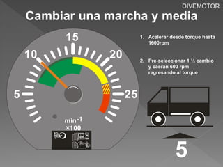 5 
DIVEMOTOR 
Cambiar una marcha y media 
10 
15 
25 
20 
min -1 
100 
  
 
1. Acelerar desde torque hasta 
5 
1600rpm 
2. Pre-seleccionar 1 ½ cambio 
y caerán 600 rpm 
regresando al torque 
 