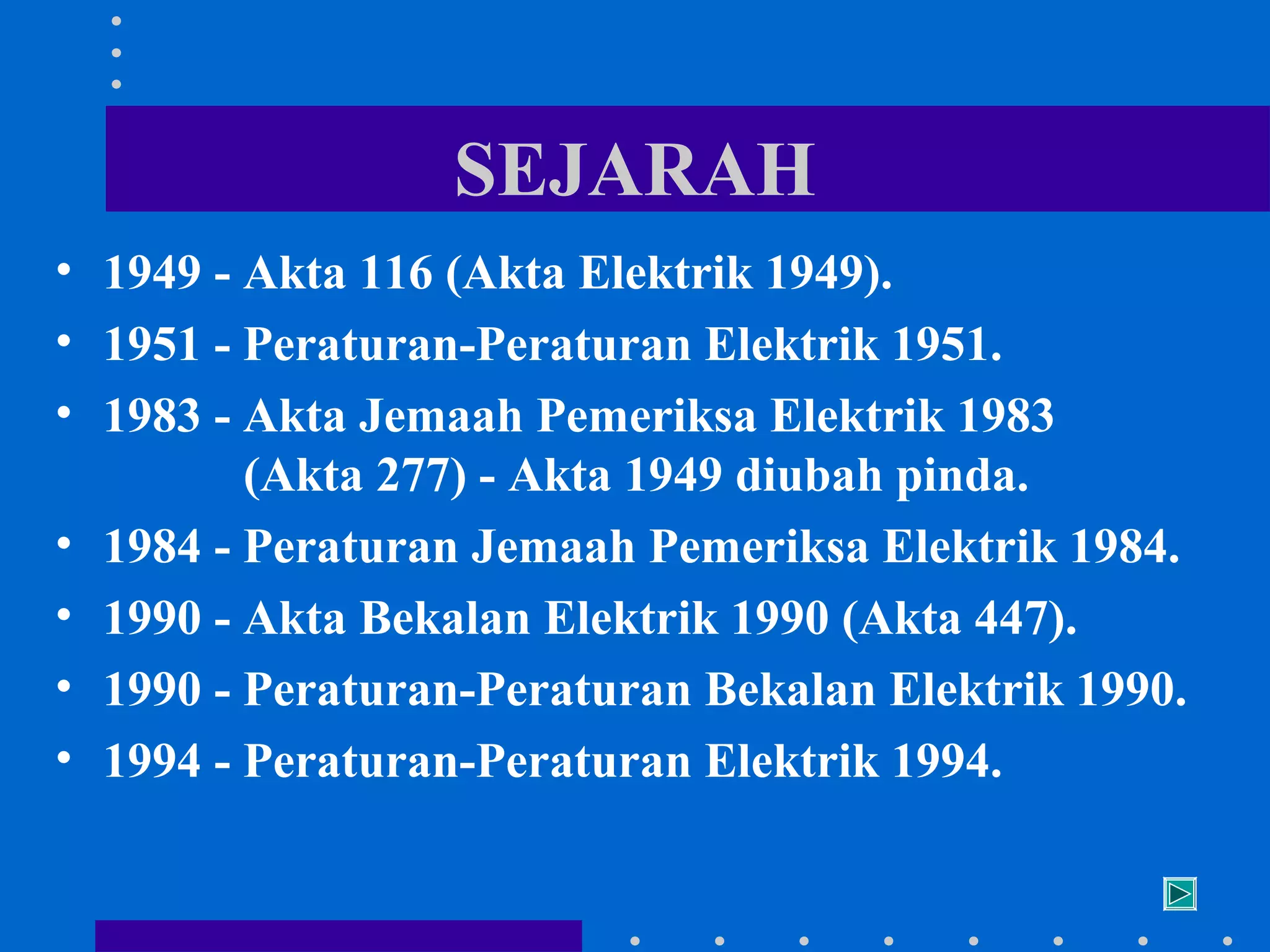 SEJARAH
• 1949 - Akta 116 (Akta Elektrik 1949).
• 1951 - Peraturan-Peraturan Elektrik 1951.
• 1983 - Akta Jemaah Pemeriksa Elektrik 1983
(Akta 277) - Akta 1949 diubah pinda.
• 1984 - Peraturan Jemaah Pemeriksa Elektrik 1984.
• 1990 - Akta Bekalan Elektrik 1990 (Akta 447).
• 1990 - Peraturan-Peraturan Bekalan Elektrik 1990.
• 1994 - Peraturan-Peraturan Elektrik 1994.

 