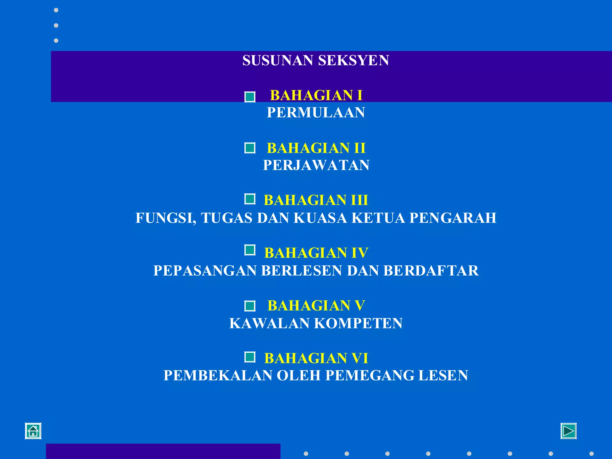 SUSUNAN SEKSYEN
BAHAGIAN I
PERMULAAN
BAHAGIAN II
PERJAWATAN
BAHAGIAN III
FUNGSI, TUGAS DAN KUASA KETUA PENGARAH
BAHAGIAN IV
PEPASANGAN BERLESEN DAN BERDAFTAR
BAHAGIAN V
KAWALAN KOMPETEN
BAHAGIAN VI
PEMBEKALAN OLEH PEMEGANG LESEN

 