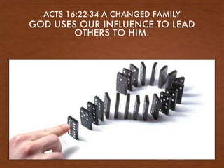 GOD USES OUR INFLUENCE TO LEAD
OTHERS TO HIM.
ACTS 16:22-34 A CHANGED FAMILY
 