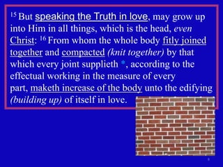 15 But speaking the Truth in love, may grow up
into Him in all things, which is the head, even
Christ: 16 From whom the whole body fitly joined
together and compacted (knit together) by that
which every joint supplieth *, according to the
effectual working in the measure of every
part, maketh increase of the body unto the edifying
(building up) of itself in love.




                                                 8
 