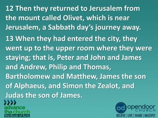 12 Then they returned to Jerusalem from
the mount called Olivet, which is near
Jerusalem, a Sabbath day’s journey away.
13 When they had entered the city, they
went up to the upper room where they were
staying; that is, Peter and John and James
and Andrew, Philip and Thomas,
Bartholomew and Matthew, James the son
of Alphaeus, and Simon the Zealot, and
Judas the son of James.
 