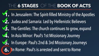 THE 6 STAGES OF THE BOOK OF ACTS
1. InJerusalem:TheSpirit-filledMinistry of theApostles
2. JudeaandSamaria:LedbyHellenistic Believers
3. TheGentiles:Thechurchcontinues to grow,expand
4. InAsiaMinor:Paul’s1stMissionaryJourney
5. InEurope:Paul’s2nd&3rd MissionaryJourneys
6. InRome:Paul’sisarrestedand sentto Rome
 