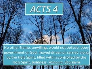 ACTS 4
No other Name, unwilling, would not believe, obey
government or God, moved driven or carried along
by the Holy Spirit, filled with is controlled by the
Holy Spirit, boldness, koinonia, Socialism
 