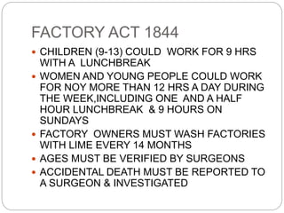 FACTORY ACT 1844
 CHILDREN (9-13) COULD WORK FOR 9 HRS
WITH A LUNCHBREAK
 WOMEN AND YOUNG PEOPLE COULD WORK
FOR NOY MORE THAN 12 HRS A DAY DURING
THE WEEK,INCLUDING ONE AND A HALF
HOUR LUNCHBREAK & 9 HOURS ON
SUNDAYS
 FACTORY OWNERS MUST WASH FACTORIES
WITH LIME EVERY 14 MONTHS
 AGES MUST BE VERIFIED BY SURGEONS
 ACCIDENTAL DEATH MUST BE REPORTED TO
A SURGEON & INVESTIGATED
 