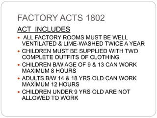 FACTORY ACTS 1802
ACT INCLUDES
 ALL FACTORY ROOMS MUST BE WELL
VENTILATED & LIME-WASHED TWICE A YEAR
 CHILDREN MUST BE SUPPLIED WITH TWO
COMPLETE OUTFITS OF CLOTHING
 CHILDREN B/W AGE OF 9 & 13 CAN WORK
MAXIMUM 8 HOURS
 ADULTS B/W 14 & 18 YRS OLD CAN WORK
MAXIMUM 12 HOURS
 CHILDREN UNDER 9 YRS OLD ARE NOT
ALLOWED TO WORK
 