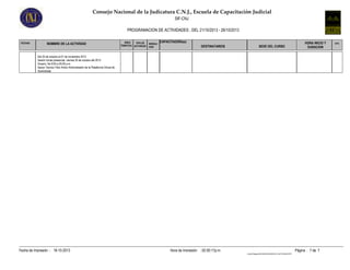 Consejo Nacional de la Judicatura C.N.J., Escuela de Capacitación Judicial
SIF-CNJ
PROGRAMACION DE ACTIVIDADES , DEL 21/10/2013 - 26/10/2013
FECHAS

NOMBRE DE LA ACTIVIDAD

AREA
TIPO DE
TEMATICA ACTIVIDAD

MODALI
DAD

CAPACITADOR(es)
DESTINATARIOS

SEDE DEL CURSO

HORA INICIO Y
DURACION

Del 25 de octubre al 01 de noviembre 2013
Sesión Inicial presencial: viernes 25 de octubre del 2013
Horario: De 8:00 a 05:00 p.m.
Apoyo Tecnico Felix Ardon Administrador de la Plataforma Virtual de
Aprendizaje

Fecha de Impresión : 18-10-2013

Hora de Impresión : 02:00:17p.m.

Página : 7 de 7
Cnjnt01RegistroINFOENGLISH03INFO03_014ACTIVIDADES.RPT

GPO.

 