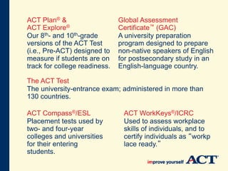 The ACT Test
The university-entrance exam; administered in more than
130 countries.
ACT Plan® &
ACT Explore®
Our 8th- and 10th-grade
versions of the ACT Test
(i.e., Pre-ACT) designed to
measure if students are on
track for college readiness.
ACT Compass®/ESL
Placement tests used by
two- and four-year
colleges and universities
for their entering
students.
Global Assessment
Certificate™ (GAC)
A university preparation
program designed to prepare
non-native speakers of English
for postsecondary study in an
English-language country.
ACT WorkKeys®/ICRC
Used to assess workplace
skills of individuals, and to
certify individuals as “workp
lace ready.”
 