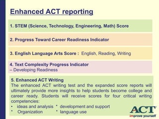 Enhanced ACT reporting
2. Progress Toward Career Readiness Indicator
4. Text Complexity Progress Indicator
– Developing Readiness
1. STEM (Science, Technology, Engineering, Math) Score
3. English Language Arts Score : English, Reading, Writing
5. Enhanced ACT Writing
The enhanced ACT writing test and the expanded score reports will
ultimately provide more insights to help students become college and
career ready. Students will receive scores for four critical writing
competencies:
• ideas and analysis * development and support
* Organization * language use
 