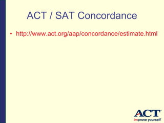 ACT / SAT Concordance
• http://www.act.org/aap/concordance/estimate.html
 