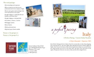 The total package:
  ✦An outstanding travel experience

  ✦Peace of mind you are with the most
  professional travel & tour company in Puglia

  ✦Local, native guides with knowledge of the
  secrets and mysteries of the region

  ✦3 nights lodging at a comfortable Bed and
  Breakfast style Roman Hotel

  ✦3 nights lodging at a charming Trullo

  ✦7 breakfasts, 5 Dinners, 2 Lunches

  ✦All luggage transfers

  ✦Guest Shuttles

  ✦Daily professional tours

  ✦Optional airport shuttle available


€1699.00 Double Occupancy
€600.00 Single Supplement                                                                                                                                 Italy
                                                                                                                         Elle Wines Custom Italian Vacation

                                                                                                                   A Trip to Remember - 2010 Departure TBD
                                                                              Join Elle Wines and Active Cultures Travel for a vacation like no other. Enjoy shopping, tours,
                                                                              food and wine for 7 days and 6 nights while exploring the diversity of Rome, Puglia and
                                                 Active Cultures Travel LLC
                                                                              Naples, Italy. Discover the beauty of Italy with local guides who will give you an inside look at
                                                 2300 Richmond Avenue #441    the country, provide easy access to hot tourist spots, and share secrets and stories of the
                                                 Houston, TX 77098            regions. We guarantee that once you come to Italy, your life will be changed forever.
                                                 t. 713.540.0989
      
                                          f. 866.496.6230
 