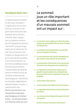 POURQUOI DORT-ON ?                Le sommeil
                                  joue un rôle important
La réponse paraît limpide :
                                  et les conséquences
on dort pour récupérer !
L’organisation et les fonc-       d’un mauvais sommeil
tions du sommeil s’intè-          ont un impact sur :
grent dans l’évolution des
espèces, de la cellule à
l’homme. Avec l’appari-
tion du système nerveux           Le maintien de la vigilance à l’état de veille
primitif apparaît la fonction     (risque de somnolence diurne et de troubles
“sommeil”. Lorsque l’orga-        de l’attention).

nisme est en phase de “re-        Le maintien de la température corporelle
pos”, les connexions neu-         tout au long des 24 heures.
ronales se réorganisent, ce
                                  La reconstitution des stocks énergétiques
qui lui permet de s’adapter       des cellules musculaires et nerveuses.
à son environnement. Le
sommeil possède plusieurs         La production d’hormones et en particulier
                                  l’hormone de croissance et la mélatonine.
fonctions particulières,
indissociables de l’état de       La régulation de fonctions telles que la
veille et mettant en jeu de       glycémie (perturbation du métabolisme
                                  du sucre, favorisant surpoids et risque de
nombreux mécanismes               diabète).
physiologiques : sécrétions
hormonales, régénération          L’élimination des toxines.

cellulaire (peau, muscle…),       La stimulation des défenses immunitaires.
mémorisation etc.
Dormir permet ainsi une           La régulation de l’humeur et de l’activation
                                  du stress.
récupération physique,
psychologique et intellec-        Les mécanismes d’apprentissage et de mé-
tuelle… le sommeil prépa-         morisation.

re à l’état de veille qui suit.   Et bien d’autres fonctions à découvrir…
 