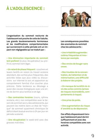 À L’ADOLESCENCE :




L’organisation du sommeil nocturne de
l’adolescent est proche de celle de l’adulte.
Les grands bouleversements hormonaux            Les conséquences possibles
et les modiﬁcations comportementales            des anomalies du sommeil
qui surviennent à cette période ont un im-      chez les adolescents :
pact non négligeable qui se traduit par :

                                                colères fréquentes et inso-
                                                lence par exemple.
lent profond (le plus récupérateur) au pro-
ﬁt du sommeil lent léger.
                                                cesse.
                                 couchers et
levers tardifs en raison du travail scolaire
abondant, des sorties plus fréquentes, des      tration, de l’attention et de
activités telles que jeux vidéo ou discus-      mémorisation, une difﬁculté
sions sur internet le soir, et opposition au    à élaborer des projets.
comportement familial d’un coucher plus
précoce. Cette tendance au décalage a
aussi des causes biologiques avec une en-       vis des actes commis (prises
vie de dormir plus tardive à cet âge.           de risques inconsidérés, com-
                                                portements à risque).
                             (cours, rythme
scolaire, etc.), non compatibles avec le be-
soin de sommeil accru des adolescents, qui
peuvent les mettre dans un état de “man-
que” de sommeil quasiment chronique (le         d’ anxiété ou de dépression.
déﬁcit étant évalué environ à 2h par jour en
période scolaire).                              Ces effets disparaissent lors-
                                                que l’adolescent peut dormir
  Une récupération le week-end avec des         sufﬁsamment et avec des
grasses matinées.                               horaires compatibles avec son
                                                activité.




                                                                                 9
 