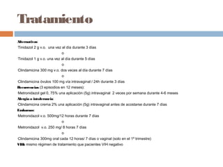 Tratamiento
Alternativas:
Tinidazol 2 g v.o. una vez al día durante 3 días
•

                           o
Tinidazol 1 g v.o. una vez al día durante 5 días
•

                           o
Clindamicina 300 mg v.o. dos veces al día durante 7 días
•

                           o
Clindamicina óvulos 100 mg vía intravaginal / 24h durante 3 días
•

Recurrencias (3 episodios en 12 meses):
Metronidazol gel 0, 75% una aplicación (5g) intravaginal 2 veces por semana durante 4-6 meses
•

Alergia o intolerancia:
Clindamicina crema 2% una aplicación (5g) intravaginal antes de acostarse durante 7 días
•

Embarazo:
Metronidazol v.o. 500mg/12 horas durante 7 días
•

                           o
Metronidazol v.o. 250 mg/ 8 horas 7 días
•

                           o
Clindamicina 300mg oral cada 12 horas/ 7 días o vaginal (solo en el 1º trimestre)
•

VIH: mismo régimen de tratamiento que pacientes VIH negativo
 