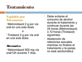 Tratamiento
Vaginitis por                    Debe evitarse el
Tricomonas                        consumo de alcohol
                                  durante el tratamiento y
Metronidazol 2 g por vía
                                  continuar durante las
oral en una sola dosis
                                  24 horas (Metronidazol)
             o                    o 72 horas (Tinidazol)
Tinidazol 2 g por vía oral       siguientes.
en una sola dosis                Abstención de
                                  relaciones sexuales
Alternativa:                      mientras no finalice el
Metronidazol 500 mg vía
                                  tratamiento y la pareja
                                  no esté asintomática
oral/12h durante 7 días.
 