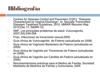 Bibliografía
1.   Centres for Desease Control and Prevention (CDC), “Diseases
     Characterized by Vaginal Discharge”. In: Sexually Transmitted
     Diseases Treatment Guidelines, 2010. MMWR Recomm Rep
     2010,Dec 17; 59(RR-12)
2.   AMF, Los principales problemas de salud: Vulvovaginitis,
     2007;3(5):249-258
3.   Fnac, Infecciones de transmisión sexual,2009.
4.   Guía clínica de Vulvovaginitis de Fisterra (actualizada en 2008)
5.   Guía clínica de Vaginosis Bacteriana de Fisterra (actualizada en
     2009)
6.   Guía clínica de Vaginitis por Tricomonas de Fisterra (actualizada
     en 2008)
7.   Guía clínica de Vaginitis por Cándida de Fisterra (actualizada en
     2009)
8.   Recomendaciones prácticas para el Medico de Familia, Sociedad
     Madrileña de Medicina de Familia y Comunitaria, 2005
 