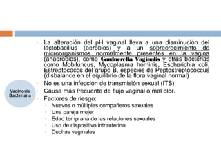 o   La alteración del pH vaginal lleva a una disminución del
    lactobacillus (aerobios) y a un sobrecrecimiento de
    microorganismos normalmente presentes en la vagina
    (anaerobios), como Gardnerella Vaginalis y otras bacterias
    como Mobiluncus, Mycoplasma hominis, Escherichia coli,
    Estreptococos del grupo B, especies de Peptostreptococcus
    (disbalance en el equilibrio de la flora vaginal normal)
o   No es una infección de transmisión sexual (ITS)
o   Causa más frecuente de flujo vaginal o mal olor.
o   Factores de riesgo:
    •   Nuevos o múltiples compañeros sexuales
    •   Una pareja mujer
    •   Edad temprana de las relaciones sexuales
    •   Uso de dispositivo intrauterino
    •   Duchas vaginales
 