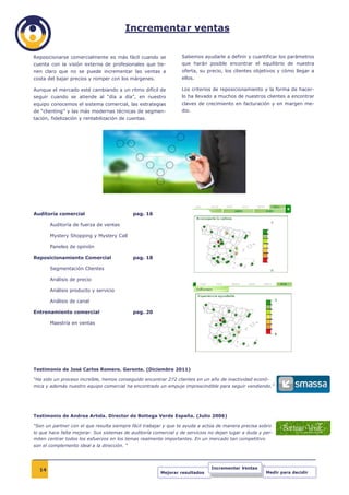 Incrementar ventas

Reposicionarse comercialmente es más fácil cuando se             Sabemos ayudarle a definir y cuantificar los parámetros
cuenta con la visión externa de profesionales que tie-           que harán posible encontrar el equilibrio de nuestra
nen claro que no se puede incrementar las ventas a               oferta, su precio, los clientes objetivos y cómo llegar a
costa del bajar precios y romper con los márgenes.               ellos.

Aunque el mercado esté cambiando a un ritmo difícil de           Los criterios de reposicionamiento y la forma de hacer-
seguir cuando se atiende al “día a día”, en nuestro              lo ha llevado a muchos de nuestros clientes a encontrar
equipo conocemos el sistema comercial, las estrategias           claves de crecimiento en facturación y en margen me-
de “clienting” y las más modernas técnicas de segmen-            dio.
tación, fidelización y rentabilización de cuentas.




Auditoría comercial                         pag. 16

       Auditoría de fuerza de ventas

       Mystery Shopping y Mystery Call

       Paneles de opinión

Reposicionamiento Comercial                 pag. 18

       Segmentación Clientes

       Análisis de precio

       Análisis producto y servicio

       Análisis de canal

Entrenamiento comercial                     pag. 20

       Maestría en ventas




Testimonio de José Carlos Romero. Gerente. (Diciembre 2011)

“Ha sido un proceso increíble, hemos conseguido encontrar 272 clientes en un año de inactividad econó-
mica y además nuestro equipo comercial ha encontrado un empuje imprescindible para seguir vendiendo.”




Testimonio de Andrea Artola. Director de Bottega Verde España. (Julio 2006)

“Son un partner con el que resulta siempre fácil trabajar y que te ayuda a actúa de manera precisa sobro
lo que hace falta mejorar. Sus sistemas de auditoría comercial y de servicios no dejan lugar a duda y per-
miten centrar todos los esfuerzos en los temas realmente importantes. En un mercado tan competitivo
son el complemento ideal a la dirección. “




  14                                                                          Incrementar Ventas
                                                        Mejorar resultados                             Medir para decidir
 