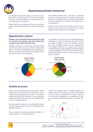 Reposicionamiento Comercial

Los cambios de forma de prestar un servicio, la incor-         Una pequeña empresa local o de barrio, no necesita
poración de un nuevo producto, la decisión de cambiar          conocer su cuota de mercado, necesita los clientes que
de canal o el intento de llegar a un nuevo tipo de clien-      le cubran sus expectativas. La pregunta evidentemente
tes es algo que no se improvisa.                               es por qué vendrán a su empresa o por qué se irán a
                                                               su competencia.
Multitud de técnicas de análisis econométrico ayudan a
acertar incluso para empresas de vocación claramente           Analizar cómo avanzar hacia donde queremos en el
local.                                                         sistema comercial sin romper el equilibrio y en margen
                                                               medio de lo que tenemos es una necesidad.




Segmentación clientes
Disponer de una identificación precisa de por qué              La aplicación de análisis Cluster nos permite identificar
me compran mis clientes, qué más consumirían                   segmentos y “nichos” de actuación a los que dirigirnos
conmigo y qué requerimientos tienen.                           de manera inmediata. Es una herramienta conocida,
                                                               pero poco empleada excepto por las organizaciones
Identificar el motivo y la capacidad de compra ¿saber
                                                               muy grandes, realmente, sus costes se han reducido
cuántos son? ¿hay como para un negocio o dispongo de
                                                               considerablemente desde la llegada del software libre y
todo un mercado? Son preguntas que respondidas de
                                                               sus potencialidades son claras en momentos donde no
forma correcta le permitirán asumir los riesgos del cre-
                                                               podemos permitirnos errores y mucho menos vincula-
cimiento de manera más controlada.
                                                               dos con inversión.




Análisis de precio

Este es uno de los elementos que más sufren. Todo el           Cuando se consigue nivelar la calidad percibida con
mundo presume de conocer la ley de la oferta y la de-          nuestra oferta es fácil hacer que el precio haga que se
manda, pero por desgracia el precio sólo es un 18% del         inicie el consumo, la fidelización, sin duda, será fruto
proceso de decisión de compra por lo que trabajando            de un proceso de adaptación a los cambios y los hábi-
inadecuadamente sobre él lo único que conseguiremos            tos que vayamos teniendo que cubrir con nuestra ofer-
es reducir nuestros ingresos.                                  ta.


Alinear el precio al servicio es completamente necesa-
rio, todo cliente baraja una serie de expectativas que
debemos satisfacer.


Es ya conocida la ecuación: Q (calidad percibida)= ex-
pectativas previas – lo percibido /precio




   18                                                                       Incrementar Ventas
                                                       Mejorar resultados                          Medir para decidir
 