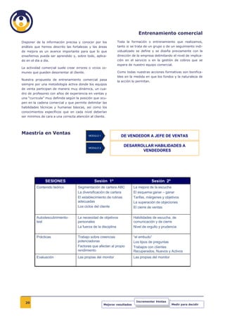 Entrenamiento comercial
Disponer de la información precisa y conocer por los           Toda la formación o entrenamiento que realizamos,
análisis que hemos descrito las fortalezas y las áreas         tanto si se trata de un grupo o de un seguimiento indi-
de mejora es un avance importante para que lo que              vidualizado se define y se diseña previamente con la
enseñemos pueda ser aprendido y, sobre todo, aplica-           dirección de la empresa delimitando el nivel de implica-
do en el día a día.                                            ción en el servicio o en la gestión de cobros que se
                                                               espera de nuestro equipo comercial.
La actividad comercial suele crear errores o vicios co-
munes que pueden desorientar al cliente.                       Como todas nuestras acciones formativas son bonifica-
                                                               bles en la medida en que los fondos y la naturaleza de
Nuestra propuesta de entrenamiento comercial pasa
                                                               la acción lo permitan.
siempre por una metodología activa donde los equipos
de venta participan de manera muy dinámica, un cua-
dro de profesores con años de experiencia en ventas y
una “curricula” muy definida según la posición que ocu-
pen en la cadena comercial y que permite delimitar las
habilidades técnicas y humanas básicas, así como los
conocimientos específicos que en cada nivel deberían
ser mínimos de cara a una correcta atención al cliente.




Maestría en Ventas                          MODULO 1              DE VENDEDOR A JEFE DE VENTAS

                                            MODULO 2
                                                                   DESARROLLAR HABILIDADES A
                                                                          VENDEDORES




                SESIONES                       Sesión 1ª                                Sesión 2ª
          Contenido teórico         Segmentación de cartera ABC             La mejora de la escucha
                                    La diversificación de cartera           El esquema ganar – ganar
                                    El establecimiento de rutinas           Tarifas, márgenes y objetivos
                                    adecuadas                               La superación de objeciones
                                    Los ciclos del cliente                  El cierre de ventas

          Autodescubrimiento-       La necesidad de objetivos               Habilidades de escucha, de
          test                      personales                              comunicación y de cierre
                                    La fuerza de la disciplina              Nivel de orgullo y prudencia

          Prácticas                 Trabajo sobre creencias                 “el embudo”
                                    potenciadoras                           Los tipos de preguntas
                                    Factores que afectan al propio          Trabajos con clientes
                                    rendimiento                             Recuperados, Nuevos y Activos
          Evaluación                Las propias del monitor                 Las propias del monitor




  20                                                                         Incrementar Ventas
                                                       Mejorar resultados                             Medir para decidir
 