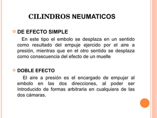 CILINDROS  NEUMATICOS DE EFECTO SIMPLE En este tipo el embolo se desplaza en un sentido como resultado del empuje ejercido por el aire a presión, mientras que en el otro sentido se desplaza como consecuencia del efecto de un muelle DOBLE EFECTO El aire a presión es el encargado de empujar al embolo en las dos direcciones, al poder ser Introducido de formas arbitraria en cualquiera de las dos cámaras. 