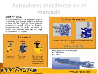 SERAPID (USA)
El producto Serapid es un dispositivo original
y compacto que permite trabajar a tracción
en todo tipo de cargas, ya sea en posición
horizontal u vertical. Capaz de efectuar,
desplazamientos en largos recorridos y
colocar con precisión topo tipo de carga
cualquiera que sea su peso.
Cadenas de empuje
Actuador lineal capaz de manejar transferencia de gran
peso.
VER ANIMACIÓN
Otros productos de la empresa:
Haz de rodillos.
Haz lineal.
Ascensores
ChainLift LinkLift HD Lift
Para cargas
moderadas
Para cargas
pesadas
Para tareas que
requieren 20 o
más ciclos de
funcionamiento
activo por hora
www.serapid.com
 