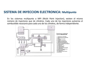 SISTEMA DE INYECCION ELECTRONICA: Multipunto
En los sistemas multipunto o MPI (Multi Point Injection), existen el mismo
número de inyectores que de cilindros. Cada uno de los inyectores pulveriza el
combustible necesario para cada uno de los cilindros, de forma independiente.
 