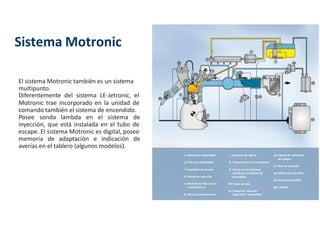 El sistema Motronic también es un sistema
multipunto.
Diferentemente del sistema LE-Jetronic, el
Motronic trae incorporado en la unidad de
comando también el sistema de encendido.
Posee sonda lambda en el sistema de
inyección, que está instalada en el tubo de
escape. El sistema Motronic es digital, posee
memoria de adaptación e indicación de
averías en el tablero (algunos modelos).
Sistema Motronic
 