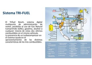 El Trifuel Bosch, sistema digital
multipunto de administración de
motor, posibilita el uso de Gas Natural
Comprimido (GNC), gasolina, alcohol o
cualquier mezcla de estos dos últimos
combustibles en el mismo vehículo.
La presencia de un turbocompresor en
el sistema ayuda en el
aprovechamiento de las distintas
características de los tres combustibles.
Sistema TRI-FUEL
 