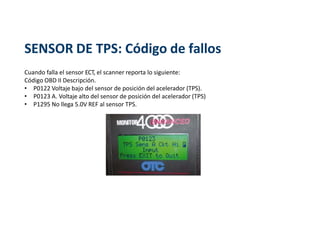 SENSOR DE TPS: Código de fallos
Cuando falla el sensor ECT, el scanner reporta lo siguiente:
Código OBD II Descripción.
• P0122 Voltaje bajo del sensor de posición del acelerador (TPS).
• P0123 A. Voltaje alto del sensor de posición del acelerador (TPS)
• P1295 No llega 5.0V REF al sensor TPS.
 