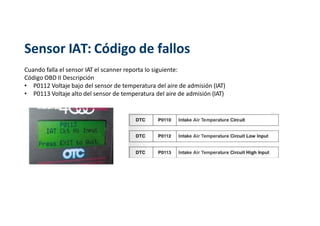 Sensor IAT: Código de fallos
Cuando falla el sensor IAT el scanner reporta lo siguiente:
Código OBD II Descripción
• P0112 Voltaje bajo del sensor de temperatura del aire de admisión (IAT)
• P0113 Voltaje alto del sensor de temperatura del aire de admisión (IAT)
 