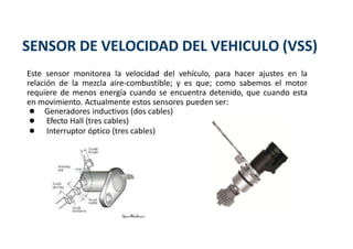 SENSOR DE VELOCIDAD DEL VEHICULO (VSS)
Este sensor monitorea la velocidad del vehículo, para hacer ajustes en la
relación de la mezcla aire-combustible; y es que; como sabemos el motor
requiere de menos energía cuando se encuentra detenido, que cuando esta
en movimiento. Actualmente estos sensores pueden ser:
● Generadores inductivos (dos cables)
● Efecto Hall (tres cables)
● Interruptor óptico (tres cables)
 