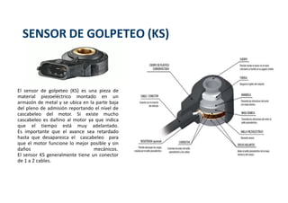 SENSOR DE GOLPETEO (KS)
El sensor de golpeteo (KS) es una pieza de
material piezoeléctrico montado en un
armazón de metal y se ubica en la parte baja
del pleno de admisión reportando el nivel de
cascabeleo del motor. Si existe mucho
cascabeleo es dañino al motor ya que indica
que el tiempo está muy adelantado.
Es importante que el avance sea retardado
hasta que desaparezca el cascabeleo para
que el motor funcione lo mejor posible y sin
daños mecánicos.
El sensor KS generalmente tiene un conector
de 1 a 2 cables.
 
