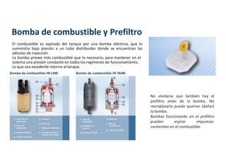 Bomba de combustible y Prefiltro
El combustible es aspirado del tanque por una bomba eléctrica, que lo
suministra bajo presión a un tubo distribuidor donde se encuentran las
válvulas de inyección.
La bomba provee más combustible que lo necesario, para mantener en el
sistema una presión constante en todos los regímenes de funcionamiento.
Lo que sea excedente retorna al tanque.
No olvidarse que también hay el
prefiltro antes de la bomba. No
reemplazarlo puede quemar (dañar)
la bomba.
Bombas funcionando sin el prefiltro
pueden aspirar impurezas
contenidas en el combustible.
 