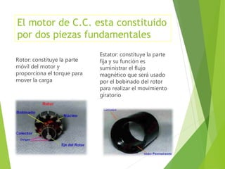El motor de C.C. esta constituido 
por dos piezas fundamentales 
Rotor: constituye la parte 
móvil del motor y 
proporciona el torque para 
mover la carga 
Estator: constituye la parte 
fija y su función es 
suministrar el flujo 
magnético que será usado 
por el bobinado del rotor 
para realizar el movimiento 
giratorio 
 