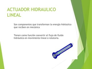 ACTUADOR HIDRAULICO 
LINEAL 
Son componentes que transforman la energía hidráulica 
que reciben en mecánica 
Tienen como función convertir el flujo de fluido 
hidráulico en movimiento lineal o rotatorio. 
 