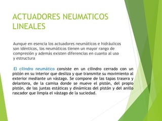 ACTUADORES NEUMATICOS 
LINEALES 
Aunque en esencia los actuadores neumáticos e hidráulicos 
son idénticos, los neumáticos tienen un mayor rango de 
compresión y además existen diferencias en cuanto al uso 
y estructura 
El cilindro neumático consiste en un cilindro cerrado con un 
pistón en su interior que desliza y que transmite su movimiento al 
exterior mediante un vástago. Se compone de las tapas trasera y 
delantera, de la camisa donde se mueve el pistón, del propio 
pistón, de las juntas estáticas y dinámicas del pistón y del anillo 
rascador que limpia el vástago de la suciedad. 
 