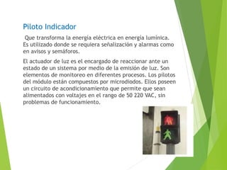 Piloto Indicador 
Que transforma la energía eléctrica en energía lumínica. 
Es utilizado donde se requiera señalización y alarmas como 
en avisos y semáforos. 
El actuador de luz es el encargado de reaccionar ante un 
estado de un sistema por medio de la emisión de luz. Son 
elementos de monitoreo en diferentes procesos. Los pilotos 
del módulo están compuestos por microdiodos. Ellos poseen 
un circuito de acondicionamiento que permite que sean 
alimentados con voltajes en el rango de 50 220 VAC, sin 
problemas de funcionamiento. 
 