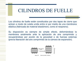CILINDROS DE FUELLE Los cilindros de fuelle están constituidos por dos tapas de cierre que actúan a modo de culata unida entre sí por medio de una membrana elástica (fabricada de material elastómero, como el neopreno).   Su disposición es siempre de simple efecto, deformándose la membrana axialmente ante la aplicación de aire comprimido y recuperándose por acción de la gravedad o de fuerzas externas (previa liberación del aire comprimido de la cámara de expansión). 