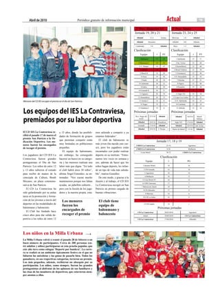 abril de 2010                                      Periódico gratuito de información municipal                                                      Actual                                            15

                                                                                                             2º Prov. Benjamin G1                                 3º Prov. Senior
                                                                                                            Jornada 19, 20 y 21                                   Jornada 23, 24 y 25
                                                                                                              Albuñol            11-4            Arenas           Molvízar        1-0              Albuñol

                                                                                                              Albuñol          Descanso                            Albuñol        4-0              Alborán

                                                                                                             Calahonda            5-6            Albuñol             Rayo         1-2              Albuñol

                                                                                                            Clasificación                                         Clasificación
                                                                                                                  Equipo                  J        PT                    Equipo                    J        PT
                                                                                                                 1.Mulhacén               19        52                 1.Salobreña                25         71

                                                                                                                2.Maracena C              19        52                 2.Inc. Eclisa              25         68
                                                                                                                 3. C. Parque             19        47                3.PuertoMotril              25         60
                                                                                                                  4.Albuñol               19        45               4.Motril Atlético            25         50
                                                                                                                  5.Motril B              19        39                 5.Torrenueva               25         48
                                                                                                                   6.Otura                19        36                6.V. Benaudalla             25         43
                                                                                                                   7.Padul                20        34                  7.Pebofán                 25         41
                                                                                                                 8.Calahonda              20        32                   8.Órgiva                 25         40
                                                                                                                   9.Gabia                20        30                  9.Puntalón                25         38
                                                                                                                10.Granada B              20        21                  10.Albuñol                25         35
                                                                                                                 11.Ogíjares              20        19                 11.Siglo XX                25         34
                                                                                                               12.Alumuñécar              20        12             12.Lújar-Los Carlos            25         31

Menores del CD IES recogen el premio en el día de San Patricio.                                                  13.Arenas C              19        9                13.N. Salobreña              25         25
                                                                                                                  14.Vegas                19        3                  14.Carchuna                25         24



Los equipos del ieS La contraviesa,
                                                                                                                15.Vandalia C             19        0                   15.Alborán                25         16

                                                                                                            Próximas jornadas                                     Próximas jornadas

premiados por su labor deportiva
                                                                                                             Rvo. Vegas del     27/3/10        Albuñol                Albuñol            10/4/10        Motril
                                                                                                                 Genil                                                                                  Atlético
                                                                                                               Albuñol          10/4/10       Almuñécar               Siglo XX           17/4/10        Albuñol
                                                                                                                Granada         17/4/10        Albuñol                Albuñol            24/4/10       Ind. Eclisa
                                                                                                               Albuñol          24/4/10        C.Parque           Puerto de Motril       1/5/10         Albuñol
El CD IES La Contraviesa re-          y 15 años, donde las posibili-     mos saliendo a competir y ya
cibió el pasado 17 de marzo el        dades de formación de grupos       estamos federados”.
premio San Patricio a la De-                                                                                              Liga Provincial Infantil de Baloncesto
                                      que permitan competir están           El club de baloncesto es                              Jornada 17, 18 y 19
dicación Deportiva. Los me-
nores fueron los encargados           muy limitadas en poblaciones       más joven (ha nacido este cur-
                                                                                                             CDIES La Contraviesa                         23-74                           Agustinos
de recoger el premio.                 pequeñas.                          so), pero los jugadores están       CDIES La Contraviesa                          8-58                           Mulhacén
                                         El equipo de balonmano,         encantados con poder realizar             Costa Motril                           70-72                  CDIES La Contraviesa
Los jugadores del CD IES La           sin embargo, ha conseguido         deporte en su instituto. “Entre-
                                                                                                                                                 Clasificación
Contraviesa fueron grandes            hacerse un hueco en su catego-     namos tres veces en semana y
                                                                                                                           Equipo                           J                            PG
protagonistas el Día de San           ría y las menores realizan una     eso, además de hacer que los
Patricio. Los niños de entre 12       labor más que digna. “En todo      niños hagan deporte, les infun-              1.Sésamo Motril                      18                             16

y 13 años subieron al estrado         el club habrá unos 30 niños”,      de un tipo de vida más saluda-                 2.CB Granada                       16                             16
                                                                                                                          3.Agustinos                      18                             14
para recibir de manos de la           afirma Ángel González, su en-      ble”, matiza González.
                                                                                                                          4.Mulhacén                       18                             13
concejala de Cultura, Bendi           trenador. “Nos cuesta mucho           De este modo, y gracias a la
                                                                                                                     5.Costa Motril 97                     18                             12
Moyano, un placa conmemo-             mantenernos porque nos faltan      ilusión y al trabajo, el CD IES
                                                                                                                     6.CDB Churriana                       17                             7
rativa de San Patricio.               ayudas, un pabellón cubierto...    La Contraviesa recogió en San
                                                                                                                    7.Baloncesto Atarfe                    18                             6
   El CD La Contraviesa ha            pero con la ilusión de los juga-   Patricio un premio cargado de                  8.CB Alhendín                      17                             4
sido galardonado por su ardua         dores y la nuestra propia, esta-   buenas vibraciones.                              9.Maristas                       14                             6
tarea en la promoción y forma-                                                                                        10.CB La Zubia                       16                             4
ción de los jóvenes a través del         Los menores                       El club tiene                           11.CD La Contraviesa                    16                             1
deportes en las modalidades de
                                         fueron los                        equipo de                                    12.CB Guadix                       14                             1
balonmano y baloncesto.                                                                                                                       Próximas jornadas
   El Club fue fundado hace
                                         encargados de                     balonmano y
                                                                                                               CD La Contraviesa                        28/03/2010                         Agustinos
cinco años para dar salida de-           recoger el premio                 baloncesto                                 Atarfe                            10/04/2010                   CD La Contraviesa
portiva a los niños de entre 12                                                                                CD La Contraviesa                        17/04/2010                         Alhendín




Los niños en la Milla Urbana
La Milla Urbana volvió a reunir el pasado 28 de febrero a un
buen número de participantes. Cerca de 300 personas (en-
tre adultos y niños) participaron en esta prueba popular, que
este año tuvo como eslogan ‘Deporte por bandera’. La carre-
ra se realizó en un ambiente típicamente festivo en el que no
faltaron las anécdotas y las ganas de pasarlo bien. Todos los
ganadores, en sus respectivas categorías, tuvieron un premio.
Los más pequeños, además, recibieron un obsequio por su
participación. Los niños, como siempre, fueron los grandes
protagonistas al disfrutar de los aplausos de sus familiares y
las risas de los monitores de deportivos, que estuvieron siem-
pre atentos a ellos.
 