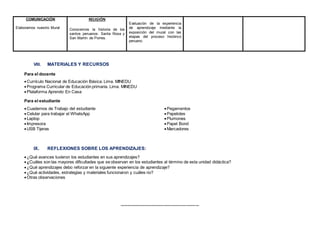 COMUNICACIÓN
Elaboramos nuestro Mural
RELIGIÓN
Conocemos la historia de los
santos peruanos: Santa Rosa y
San Martín de Porres.
Evaluación de la experiencia
de aprendizaje mediante la
exposición del mural con las
etapas del proceso histórico
peruano.
VIII. MATERIALES Y RECURSOS
Para el docente
Currículo Nacional de Educación Básica. Lima. MINEDU
Programa Curricular de Educación primaria. Lima. MINEDU
Plataforma Aprendo En Casa
Para el estudiante
Cuadernos de Trabajo del estudiante
Celular para trabajar el WhatsApp
Laptop
Impresora
USB Tijeras
Pegamentos
Papelotes
Plumones
Papel Bond
Marcadores
IX. REFLEXIONES SOBRE LOS APRENDIZAJES:
¿Qué avances tuvieron los estudiantes en sus aprendizajes?
¿Cuáles son las mayores dificultades que se observan en los estudiantes al término de esta unidad didáctica?
¿Qué aprendizajes debo reforzar en la siguiente experiencia de aprendizaje?
¿Qué actividades, estrategias y materiales funcionaron y cuáles no?
Otras observaciones
---------------------------------------------
 