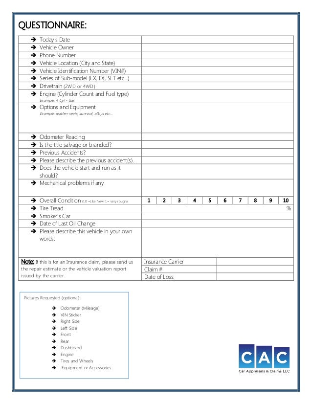 actual cash value order form vehicle appraisal form